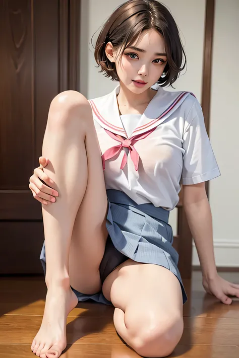 8k、highest quality、​masterpiece:1.2、real 1.5、realistic 1.5、Photoreal:1.3、18-year-old、with a girl:1.5、big breasts:1.5、sailor suit、uniform、school uniform、mini skirt、Pants visible from skirt、cute、laughter:1.2、sit on top、spread your legs、spread your legs、panti...