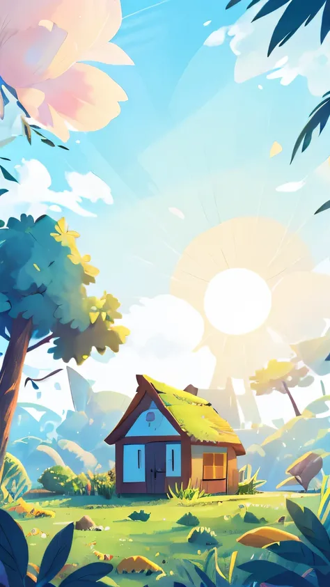 （）Open），sunrise，Sunlight，Blue sky and white clouds，Hand drawn background，flat illustration