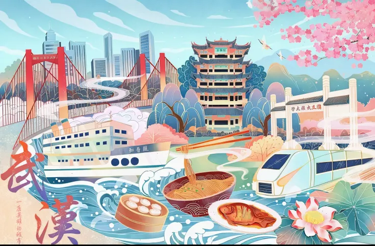 A painting of a train and a boat on the water, A beautiful artistic illustration, Stylized digital illustration, Dream China Town, Just a joke, digital illustration style, Shenglin style art works, japanese city, Inspired by Hanbei Yoshida, Digital Illustr...