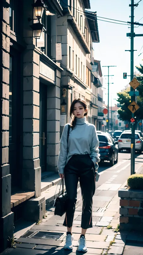 (Masterpiece), (Best quality),1girl, Gray turtleneck sweater, black pants, simple white sneakers, sitting on a bench in the street, one leg gently over the other, with a book in hand, clean and simple Scandinavian architecture and streets,the morning sun s...