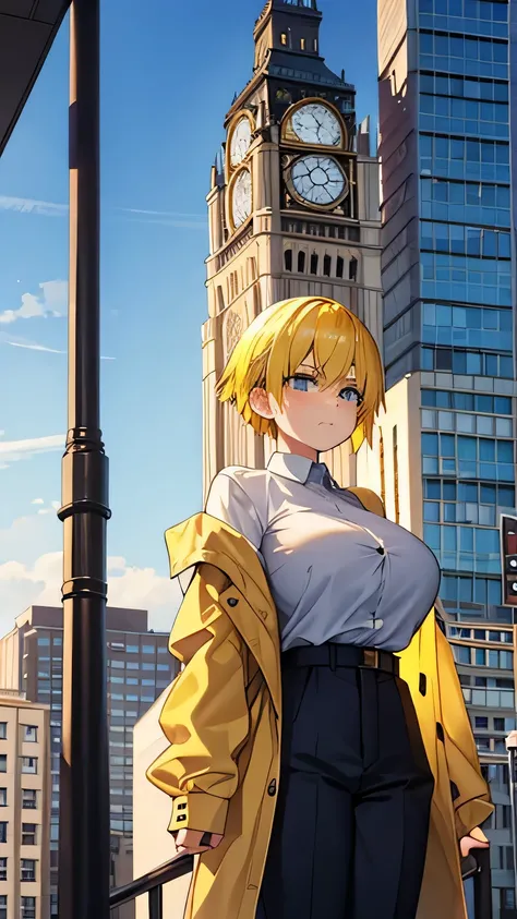 body muscles big tits sad face yellow hair color pixie hair style place in the city with a big clock in the background clothes a gold shirt with a white jacket and pants
