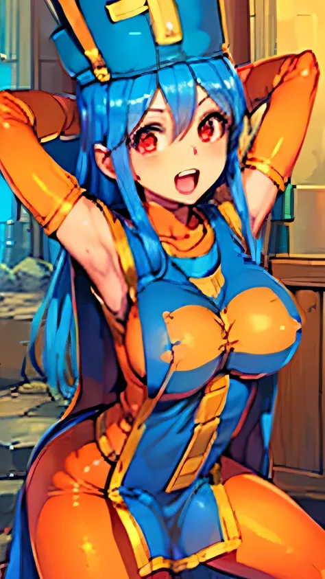 ((masterpiece)), ((highest quality)), ((super detailed)), 1 girl, dungeon, vapor, Sweat, vaporing body, (priest(DQ3):1.3), smile, open your mouth, stylish pose, blue hair,