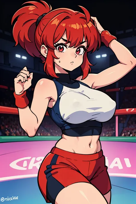 Ranma saotome, cabello rojo, pelirroja, rubor, concentration face, muslos, cintura estrecha, pechos grandes, cadera ancha, ricos pechos, escote prominente, pechos grandes, escote, cuerpo completo, pose vulgar, escote grande, pezones ricos, vulgar, pechos v...