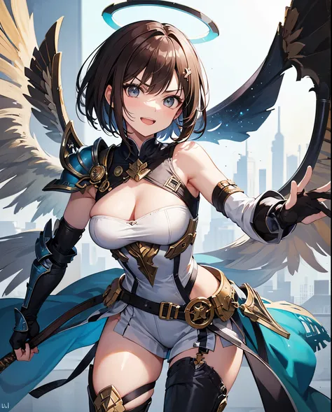 fantasy, 1angel_girl,, ,brown_hair, medium_bob_hair, long_bangs, halo,bare_shoulder,thighhighs,silver_armor, waist_armor, large_breasts,angry,grinning,open_mouth_teeth, 1pair_wings, dynamic_pose_fighting,floating, bare_crotch, headgear,gauntlet, greaves,ci...