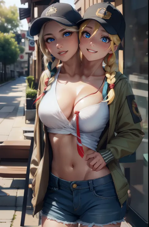 anime style, blonde hair, braid, baseball cap, twin braids, long hair, smile, multicolored jacket, white shirt, shortedium breast:1.2), BREAK looking at viewer, BREAK outside, BREAK (masterpiece:1.2), best quality, high resolution, unity 8k wallpaper, (ill...