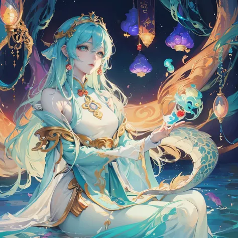 Anime girl sitting on rock，The background is a dragon, Anime fantasy illustration, queen of the sea mu yanling, a beautiful fantasy empress, Anime fantasy artwork, Asian Woman Water Elemental, beautiful fantasy anime, cyan chinese dragon fantasy, Fantasy a...