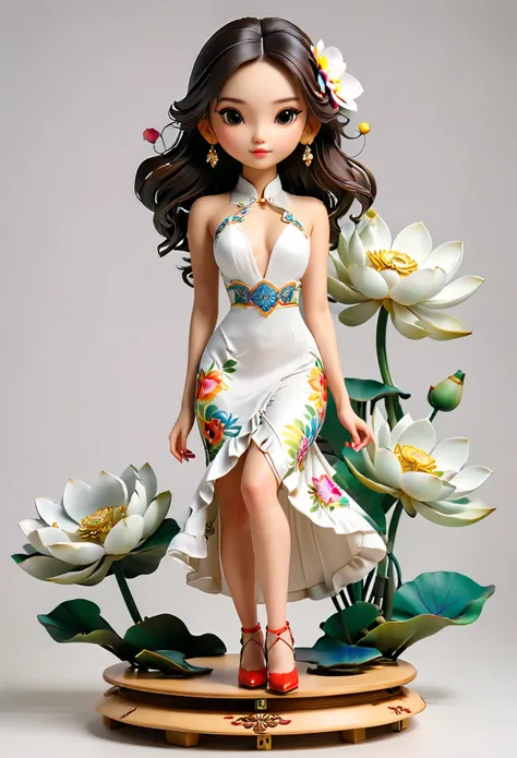 (Blind Box Spielzeug Stil:1.2),full body, solo,white background,(1 Beautiful girl Models ,Stand on a round wooden base，white  lotus dress, high heels),(Oriental elements, Chinese color,Very colorful),3D