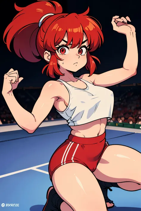 Ranma saotome, cabello rojo, pelirroja, rubor, concentration face, muslos, cintura estrecha, pechos grandes, cadera ancha, ricos pechos, escote prominente, pechos grandes, escote, cuerpo completo, pose vulgar, escote grande, pezones ricos, vulgar, pechos v...