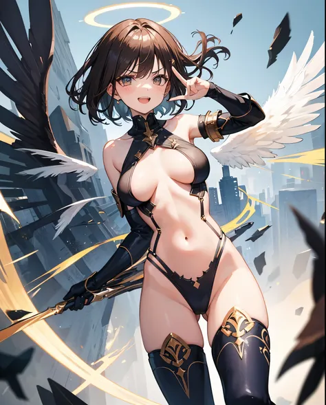 fantasy, 1angel_girl,, ,brown_hair, medium_bob_hair, long_bangs, halo,bare_shoulder,thighhighs,silver_armor, waist_armor, large_breasts,angry,grinning,open_mouth_teeth, 1pair_wings, dynamic_pose_fighting,floating, bare_crotch, headgear,gauntlet, greaves,ci...