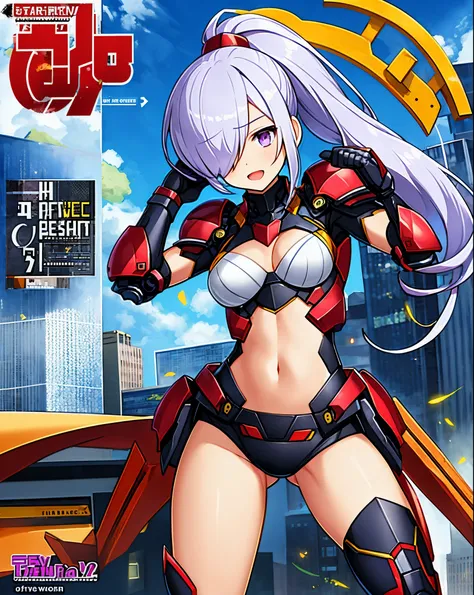 ,1small_girl,(young_teen:1.5), (short_ponytail:1.3), (light_whitish_purple_hair:1.3),black_mechanical_armor_parts,white_breasts_parts_red_black_body_suit,bare_shoulder,bare_slender_thighs,medium_breasts,city_background,Stinging_eyes,sleepy,thighhigh_greave...