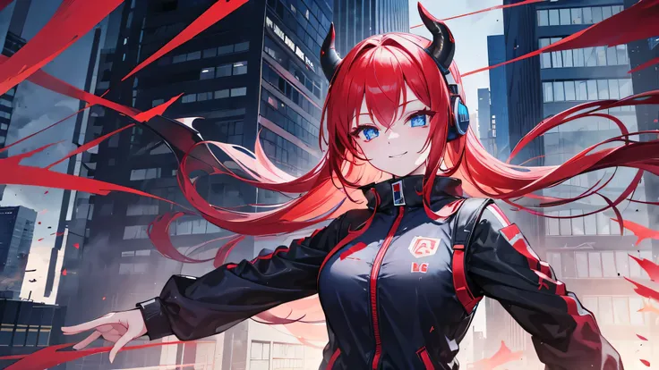 A female demon with a smiling face, red hair, blue eyes, smiling face, Wearing a headset, a gamer is falling from the sky with a building in the background..
