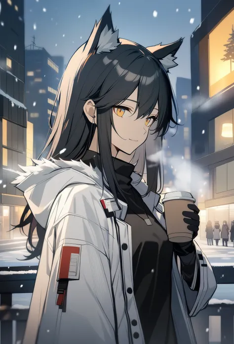 1girl, texas(winter messenger)(arknights), arknights, upper body,  standing, wolf ears, black hair, long hair, yellow eyes, light smile, white coat, open coat, black shirt, winter cityscape, snowing, breathe, holding coffee, masterpiece, best quality