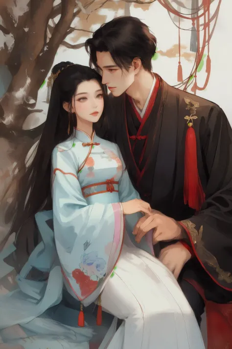 A handsome guy and a beautiful girl are leaning against each other,quiet and peaceful,faint smile,Chinese style clothing and accessories,black hair,perfect face