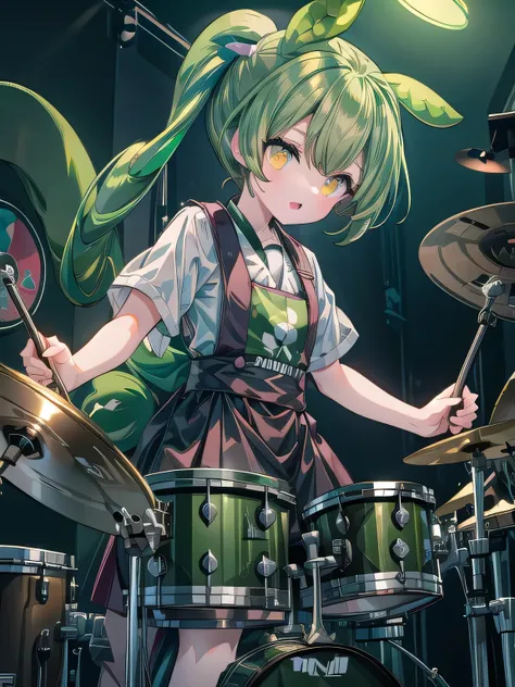 (masterpiece),dark green hair, eyes are yellow, 1 girl, alone, Drum kit,beat the drum,play the drums, (holding stick), side ponytail, hold a drumstick