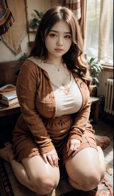 there is a woman sitting down with a wavy brown hair, bbwchan, thicc, brown hijab outfit, brown hairstyle model, korean girl, ko...