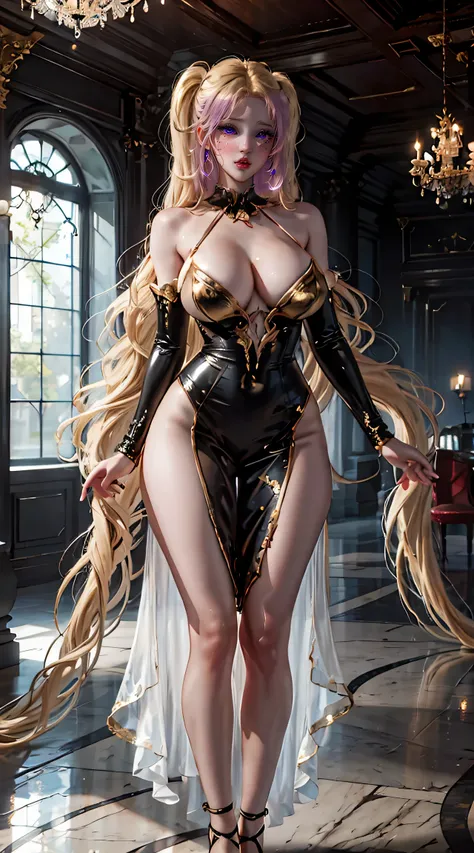 8K, ultra high resolution, in a floor-length black dress, super detailed, Shiny detailed hair, detailed face, whole body, {{big breasts}}, fantastic landscape, One, I look at the viewer, {{Best quality}}, {{Masterpiece}}, {{ultra detailed}}, {Detailed ligh...