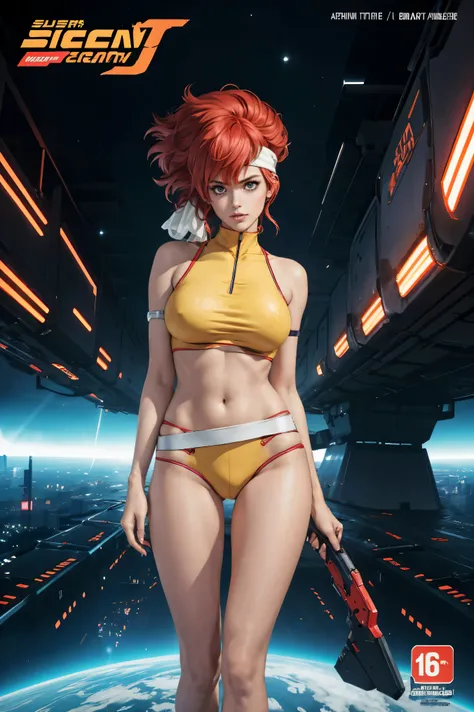 Very skinny Kei from The Dirty Pair, emaciated, wearing a tight bright yellow outfit, skinny frame, skinny legs, medium breast, red hair beauty, cyberpunk city background, holding retro space-gun, headband, slim waist, very slim thighs, very skinny thighs,...