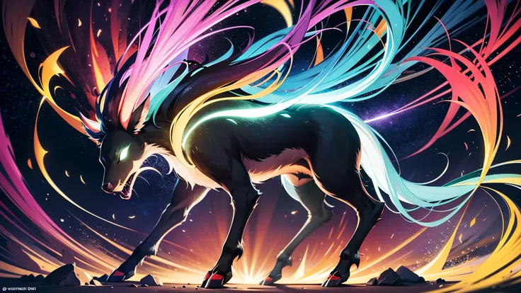 Generate an image of a quadruped creature,  with slender legs ending in multi-faceted crystalline hooves, a body covered in bioluminescent fur that shifts in color, a cluster of glowing orbs of different colors hovering above its body as sensory organs, an...