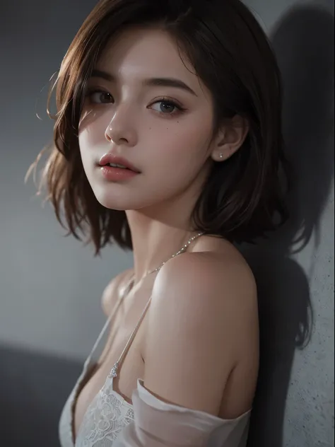 Best quality, masterpiece, ultra high res, (photorealistic:1.5), raw photo, 1girl, offshoulder, in the dark, deep shadow, low key, cold light, sexy look, short hair