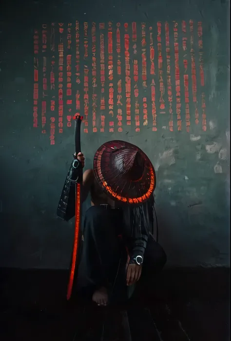 arafed man with a red hat and a red staff sitting in front of a wall, very beautiful cyberpunk samurai, cyberpunk samurai, portr...