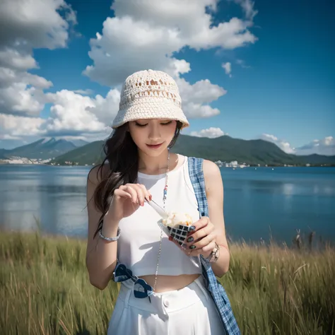 with mountains as background, Blue sky and white clouds，A white dress+beautiful girl，Wearing white pants。woman in her 20s。Exquisite makeup。Wear a hat