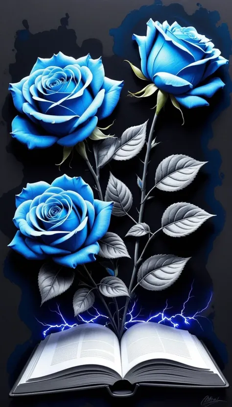 (pencil_sketch:1.2, messy lines, Grayscale, traditional media, sketch)，on dark electric background, Stylized outline of blue electric charges forming electricity (((book of man))) and roses , bioluminescence,