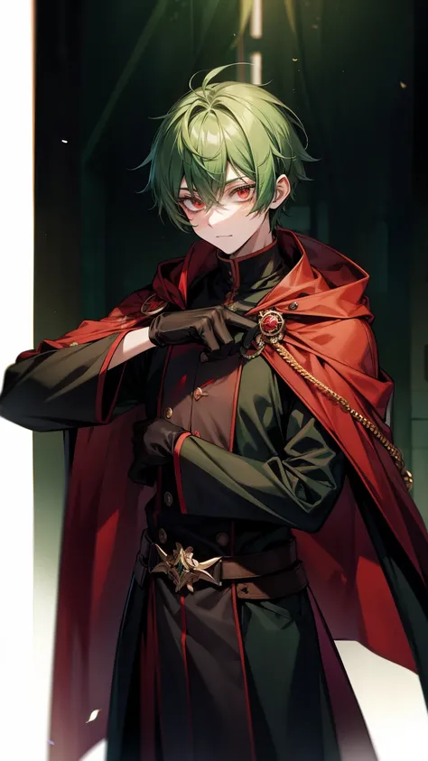 green hair, red eyes, mysterious, cool, male short hair, teenager, black and red wizard cloak, gloves