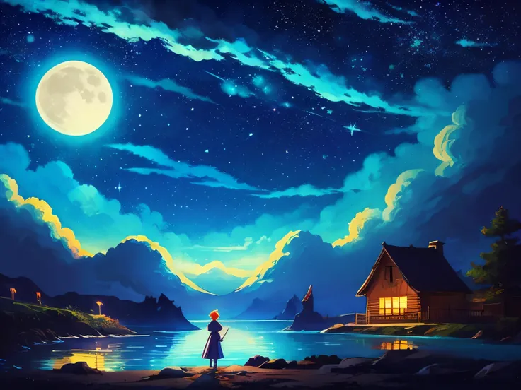 Landscape painting、anime style、beautiful night sky、moon、starry sky、shooting star、high quality、distinct、vivid