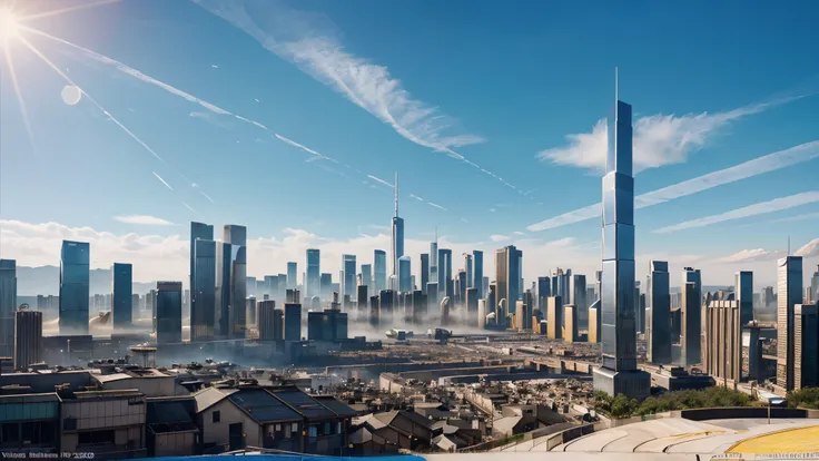 best linkedin cover ever. A very high-tech metropolis. There are marketing communications and advertisements everywhere. Its like the year is 2054. A very ((sunny and hopeful day))