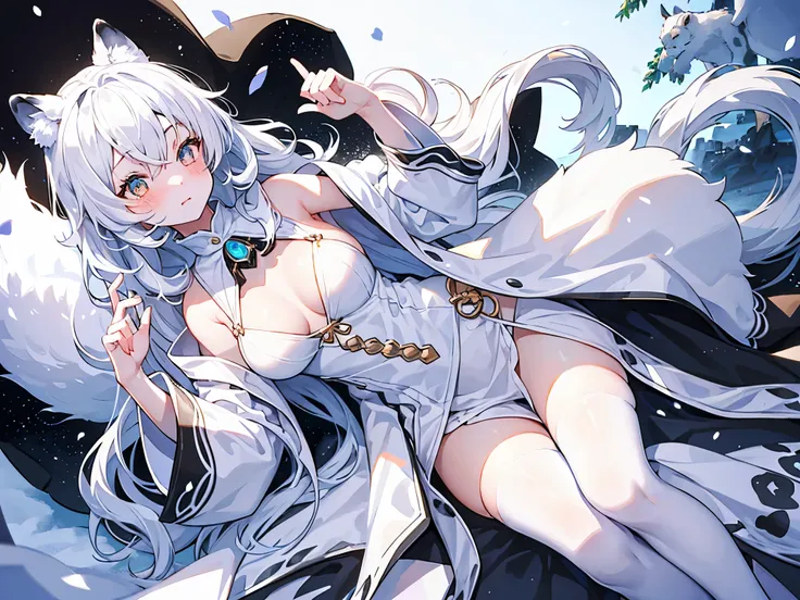 One girl, snow leopard tail, fluffy tail, snow leopard ears, white eyes with vertical pupils, long white hair, cute face, slave clothers, blushing, cowboy shoot