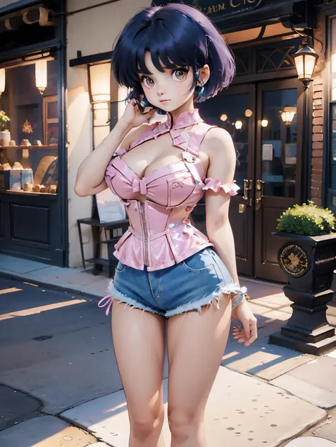 Anime girl with dark bluish hair in denim shorts and a corset, 16 years old, beautiful body, big breasts, with her hands on her waist, hands in her hair, Sexy girl, bluish hair, side strands of hair with a pink bow, strands of hair with a bow on the side o...