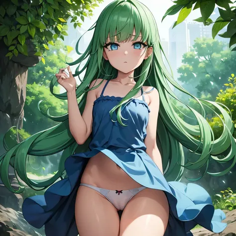 Clear brook，Surrounded by lush gardens。in the center of the garden，Elementary school girl wearing cool summer clothes standing near the flower bed。she has long green hair and emerald green eyes，like々Create a fun atmosphere。The sun shines through the gaps i...