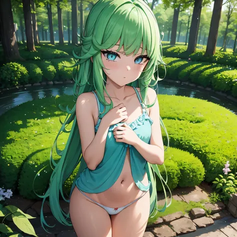 Clear brook，Surrounded by lush gardens。in the center of the garden，Elementary school girl wearing cool summer clothes standing near the flower bed。she has long green hair and emerald green eyes，like々Create a fun atmosphere。The sun shines through the gaps i...