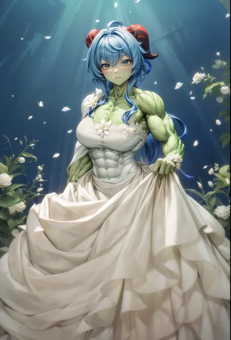 best quality,ganyu (genshin impact),(green skin) , biceps, muscular ,alternate muscle size,wedding dress,flowers,hyper muscle,covered abs, thick arms,pecs, broad shoulders, 