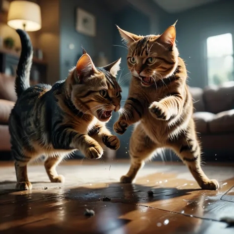 ((Masterpiece in maximum 16K resolution):1.6),((soft_color_photograpy:)1.5), ((Ultra-Detailed):1.4),((Movie-like still images and dynamic angles):1.3),| (cinematic photo of a Cat fight in a living room), (macro lens), (floating dusts), (angry cats), (tynda...