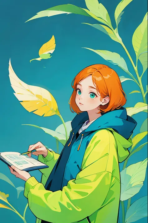 yxycolor，girl reading book ，Simple drawing、green，blue，orange color，illustration