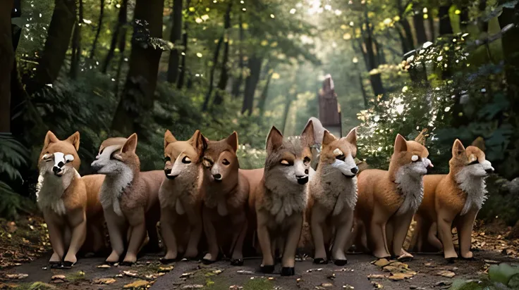 a team of highly coordinated animals gather around, foxes being the main focus. Incredibly detailed foxes with shining fur, expressive eyes, and sharp noses. The scene is set in a lush forest with vibrant green foliage and dappled sunlight filtering throug...