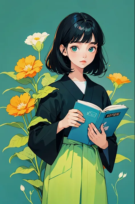 yxycolor，girl reading book ，coffee，Cat，black hair，Simple drawing、green，blue，orange color，illustration，green植物，A small number of flowers，clean background