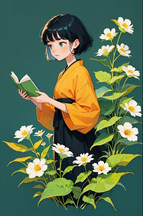 yxycolor,girl reading book ,coffee,Cat,black hair,Simple drawing、green,blue,orange color,illustration,green植物,A small number of flowers,clean background