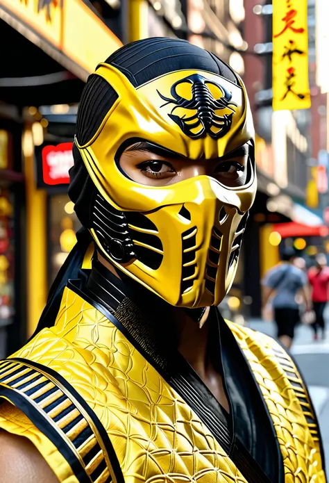 From Mortal Kombat Scorpion black smooth round top head yellow embossed mask yellow embossed sleeveless kimono on the street in New York City , high detail of small details of the face and hands 