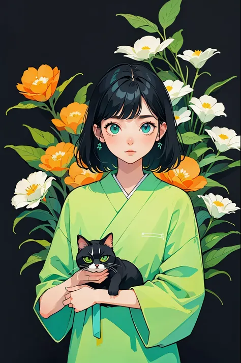 yxycolor，girl ，coffee cup，cat，black hair，simple drawing、green，blue，orange color，illustration，green植物，a small number of flowers，c...