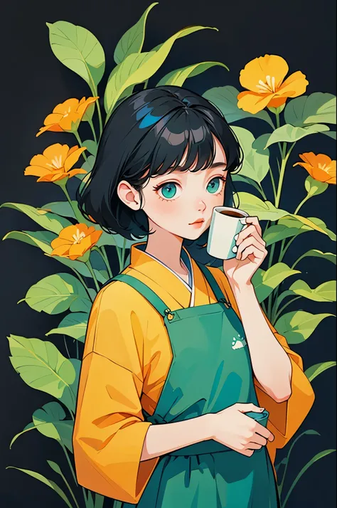 yxycolor，girl ，coffee cup，cat，black hair，simple drawing、green，blue，orange color，illustration，green植物，a small number of flowers，c...