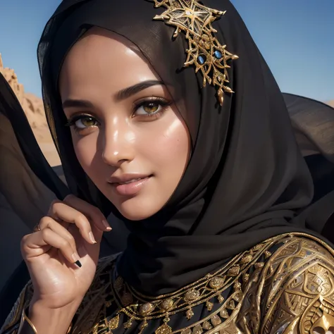 (best quality,4k,8k,highres,masterpiece:1.2),ultra-detailed,(realistic,photorealistic,photo-realistic:1.37),very beautiful girl, arabic descendant, statuesque figure, intricate black hijab and abaya, detailed fingers, desert background, wind gust, subtle s...