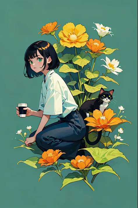 yxycolor，girl ，coffee cup，Cat，black hair，Simple drawing、green，blue，orange color，illustration，green植物，A small number of flowers，clean background