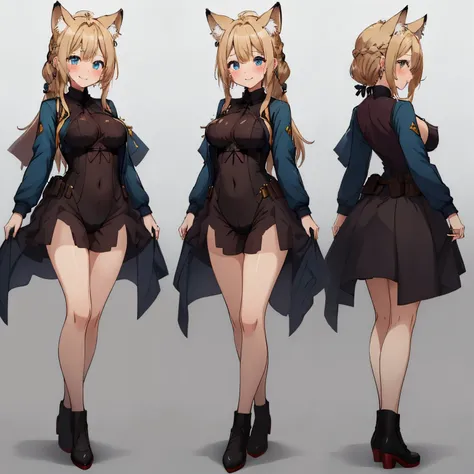 masterpiece: 1.6, highest quality: 1.4, Live: 1.2, intricate details: 1.2, 1 girl, alone, (blonde), long hair, french braid, single ~ ~ sidelock, amount: 1.5, fox ears, Big fox tail: 1.8, deep blue eyes, bright eyes, big breasts, exposed thighs:1.7, green ...