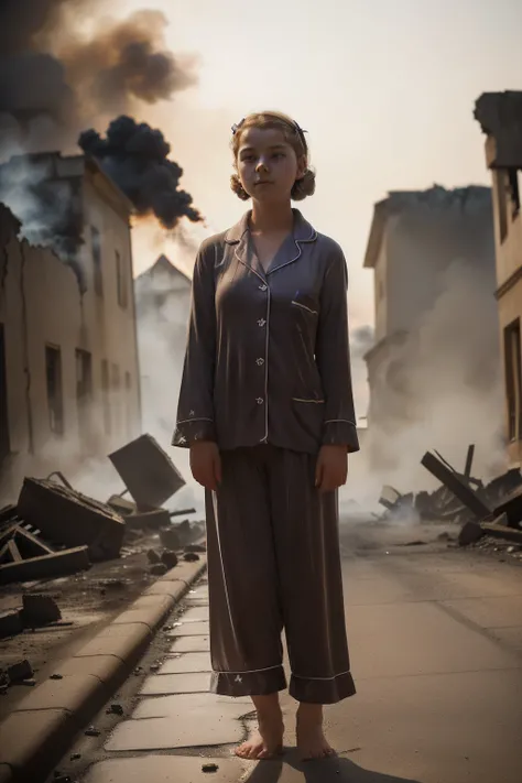 Molching, Germany, 1943. ((((14-year-old)) Liesel Meminger)), very thin, kind, big-hearted, dangerous dark eyes, standing in the street, ((ruins, ashes, smoke)), ((((grief expression)))). ((((pyjammas from the 1940s)))), ((dark-blond hairstyle of the 1940s...