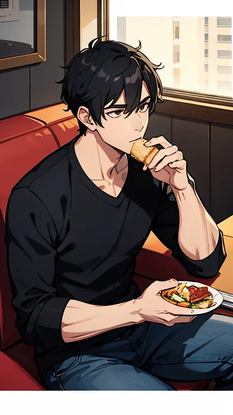 Handsome guy eating，black hair，sitting，