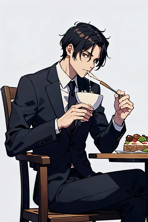 male，Suit，black hair，Sit in a chair and eat，blank background