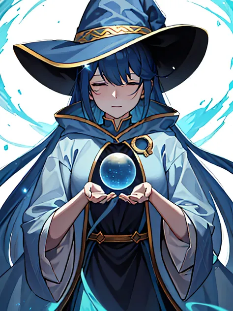 A portrait of a witch girl with hair in a Persian blue color wearing a witch hat and a billowing jacket. The portrait should depict her staring straight ahead with ((closed eyes)). The camera angle should be directly facing her face. She emits a soft blue ...