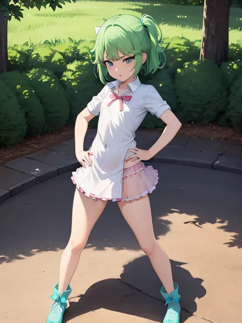 highest quality、ultra high resolution、Professional specifications、green hair,green eyes、embarrassing、(collar),(lead)、((elementary school girl))、((flat chest))、medium hair、((The outline shines))、((stand with hands on hips:1.5))、((From under her feet:1.8))、s...